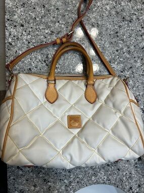 Dooney & Bourke Cream Quilted Satchel with Tan Trim and Strap